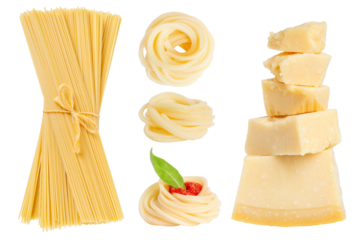 Set. Parmesan cheese, boiled and torn spaghetti, raw spaghetti, pasta on a blank background.