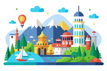 Fototapeta premium A Colorful Cityscape with Mountainous Background and Sailboat