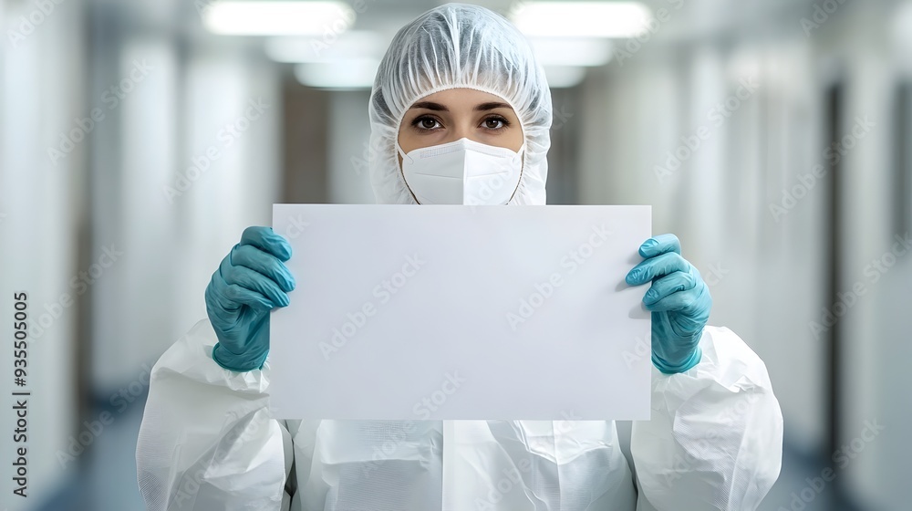 Poster conceptual image depicting a healthcare worker in protective gear holding a sign about the monkeypox