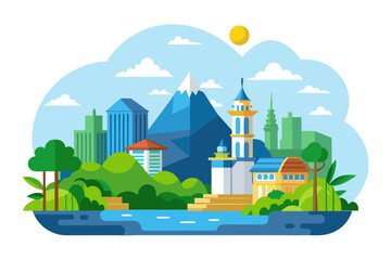 Naklejka premium Cityscape with a mountain, buildings, trees, and a river