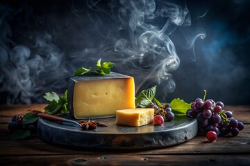 moody atmospheric evening gathering dark stone plate dramatic lighting cubed aged gouda wispy fog soft focus mysterious ambiance