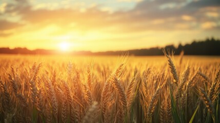 Obraz premium Endless golden wheat sea sways gently under summer sun, promising bountiful harvest.