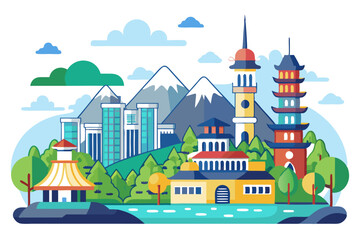 A Colorful Cityscape with Buildings, Mountains, and Trees