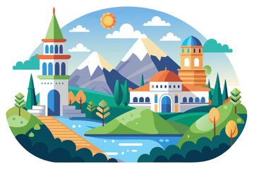 Fototapeta premium Picturesque Landscape with Buildings, Mountains, and River