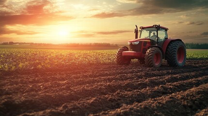 Fototapeta premium At sunset, a farmer with a tractor is driving through a field of wheat.