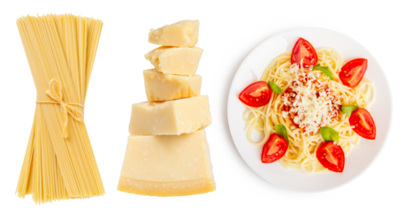 Set. Parmesan cheese, cooked pasta in plate and dry Spaghetti Pasta on empty background.