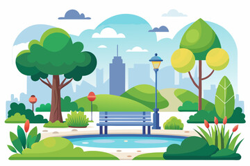 Fototapeta premium Urban Park with Bench, Pond, and Lamppost