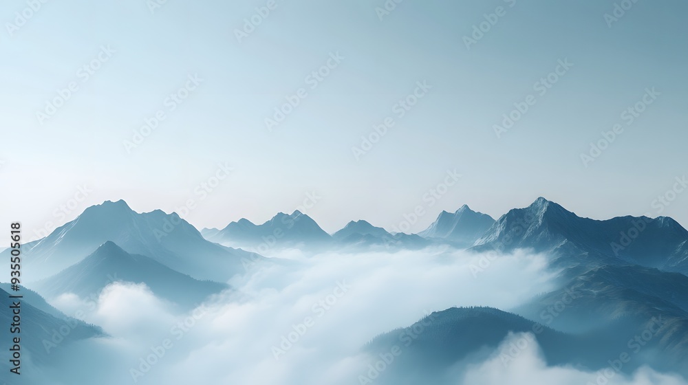 Poster 67. beautiful 3d render of a serene mountain vista with rolling fog and distant peaks, isolated on a