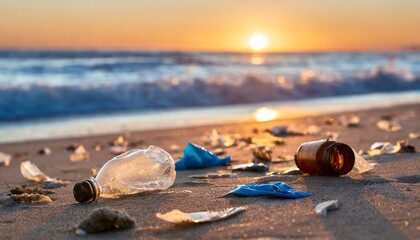  Plastic waste bottles on the beach.Plastic pollution.