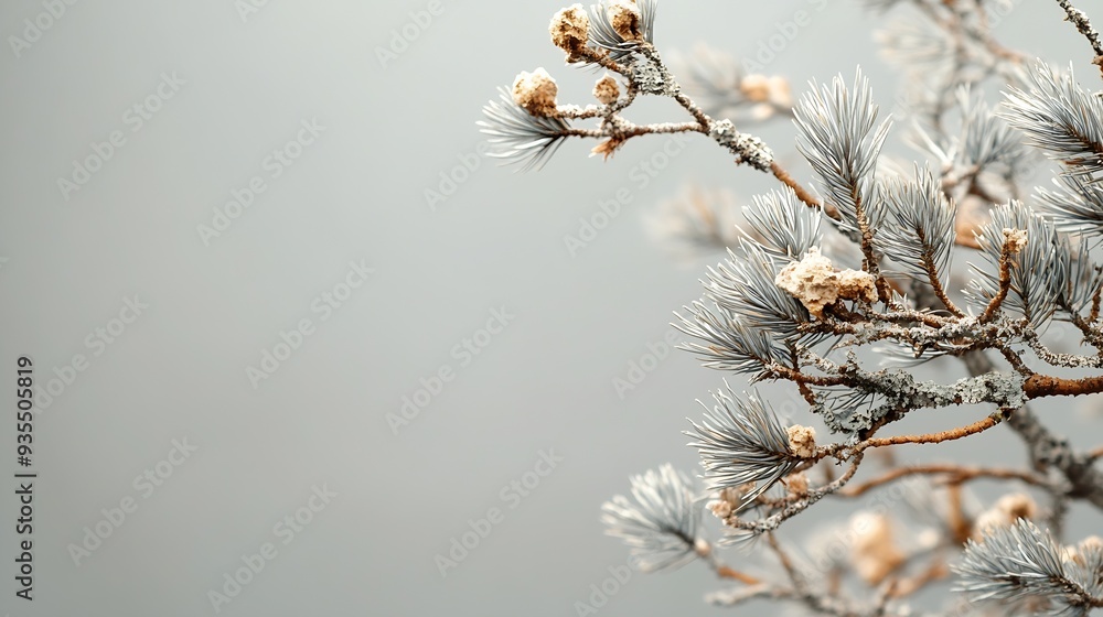 Poster abstract north nature scene with a composition of lichen pine branches and dry snags beige backgroun