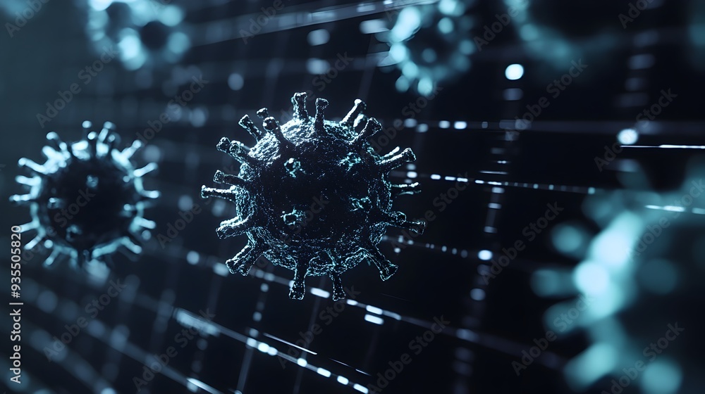 Poster monkeypox virus particles floating in a futuristic digital grid pattern with clean blue and green co