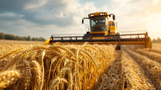 At sunset, a farmer with a tractor is driving through a field of wheat.