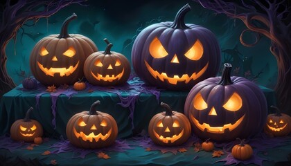 Fototapeta premium background halloween, pumpkins lanterns glowing in a spooky, web-filled Halloween scene