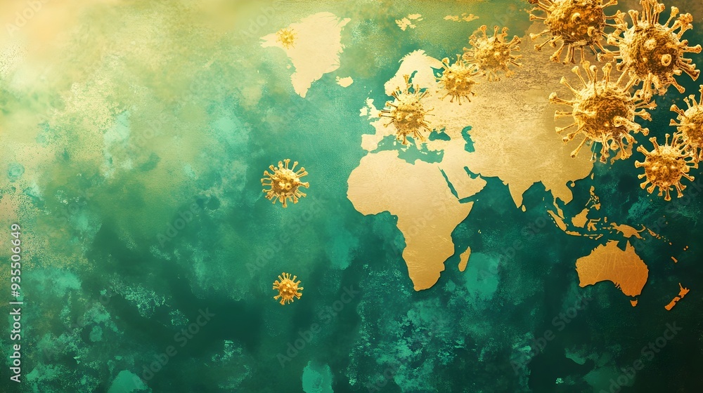 Poster abstract digital depicting the global spread of monkeypox with a world map and various virus particl