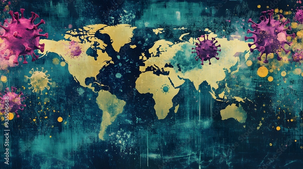 Poster abstract digital image showcasing the global spread of monkeypox with a world map and virus particle