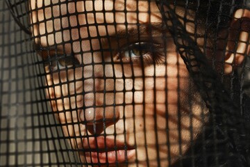 Face of a beautiful young girl behind a black veil