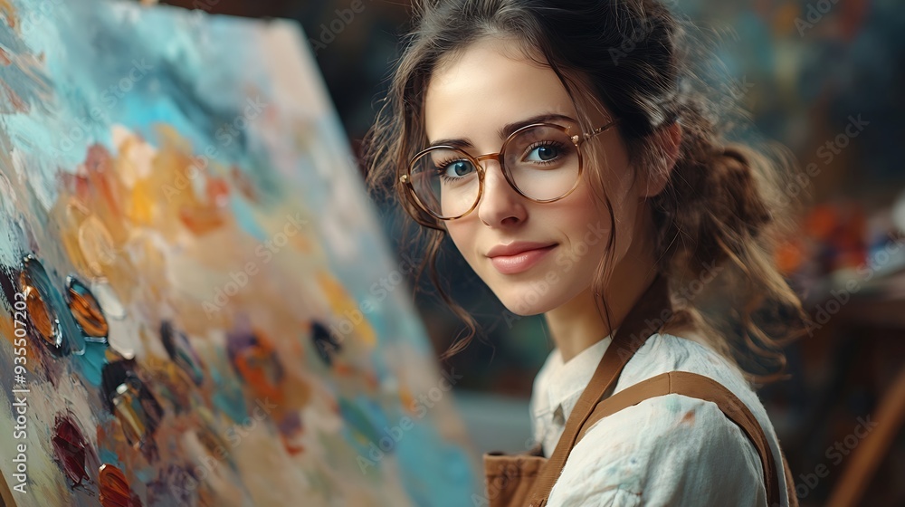 Poster painter with a colorful palette workshop for artistic expression craftsmanship in painting caucasian