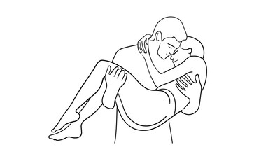 Guy holding girl in his arms continuous line art drawing isolated on white background. Relationship. Vector illustration