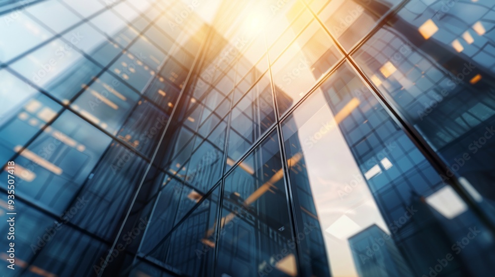 Poster tall glass buildings capture the warm glow of the setting sun, creating a stunning reflection agains