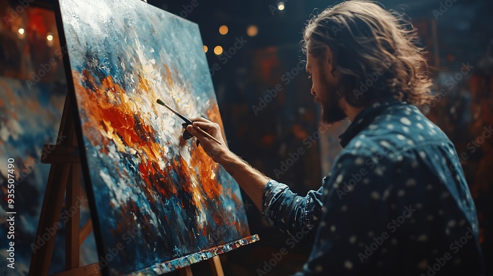 Poster Portrait of Artist Working on Abstract Painting Uses Paint Brush To Create Daringly Emotional Modern Picture Dark Creative Studio Large Canvas Stands on Easel Illuminated Side View Clo : Generative AI