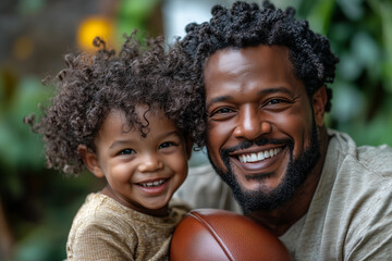 happy man and curly son happy playing American football