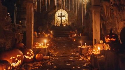 halloween background Jack-o'-lanterns and candles illuminating a spooky crypt