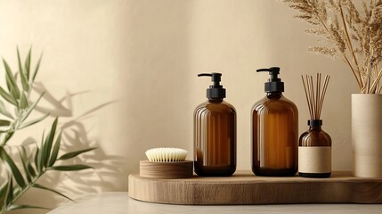 Cosmetic dark amber glass bottles and bath accessories on wooden stand on beige background Ecofriendly bathroom beauty products : Generative AI