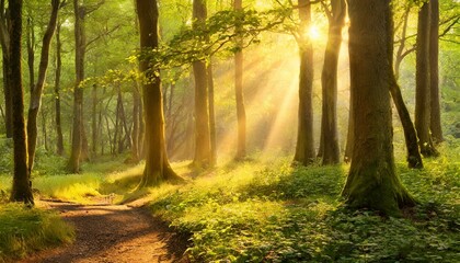 Obraz premium breathtaking image of a sun-drenched forest, showcasing the beauty of nature with its golden rays and vibrant greenery. A peaceful forest scene, perfect for relaxation, featuring sunlight streaming