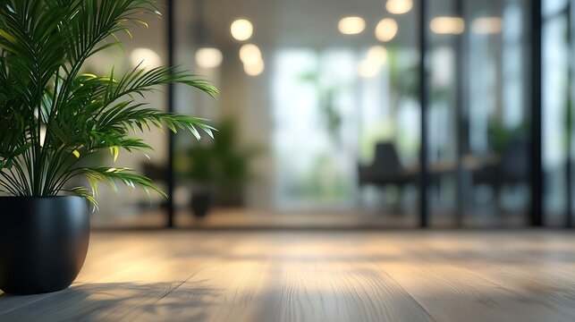 Light blur Minimalist Open Space Office background Blurred Modern contemporary office and meeting room interior design with panoramic glass windows and green plant inside and Wooden fl : Generative AI