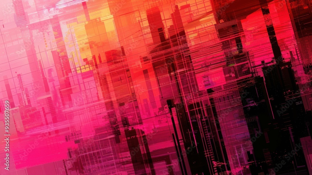 Poster dive into a vibrant abstract piece that fuses colors and patterns, evoking a dynamic cybernetic city