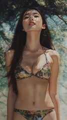 Obraz premium Striking Asian female figure captured in a natural sun dappled environment wearing a vibrant textured bikini that exudes an aura of tranquility and ease