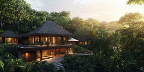 Obraz premium Jungle resort with thatched roof huts and pool.