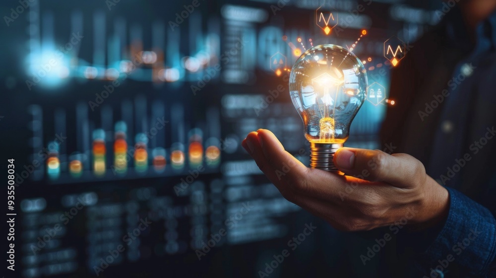 Poster a person holds a luminous light bulb, symbolizing creativity and innovation, while digital data grap