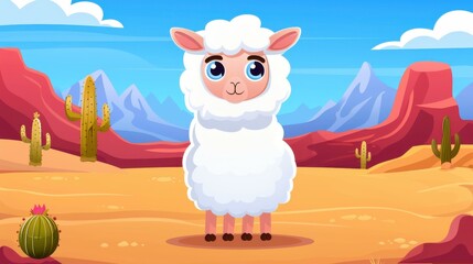 Bright and charming cartoon llama in a flat design, surrounded by colorful cacti and striking peaks of a desert landscape.