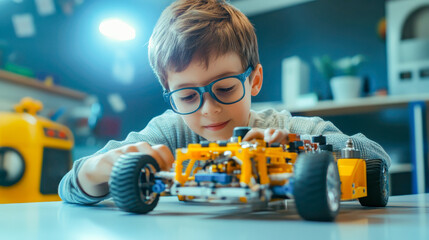 Boy building a robot car during stem class