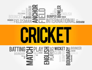 Cricket is a popular team sport played with a bat and ball, word cloud concept background
