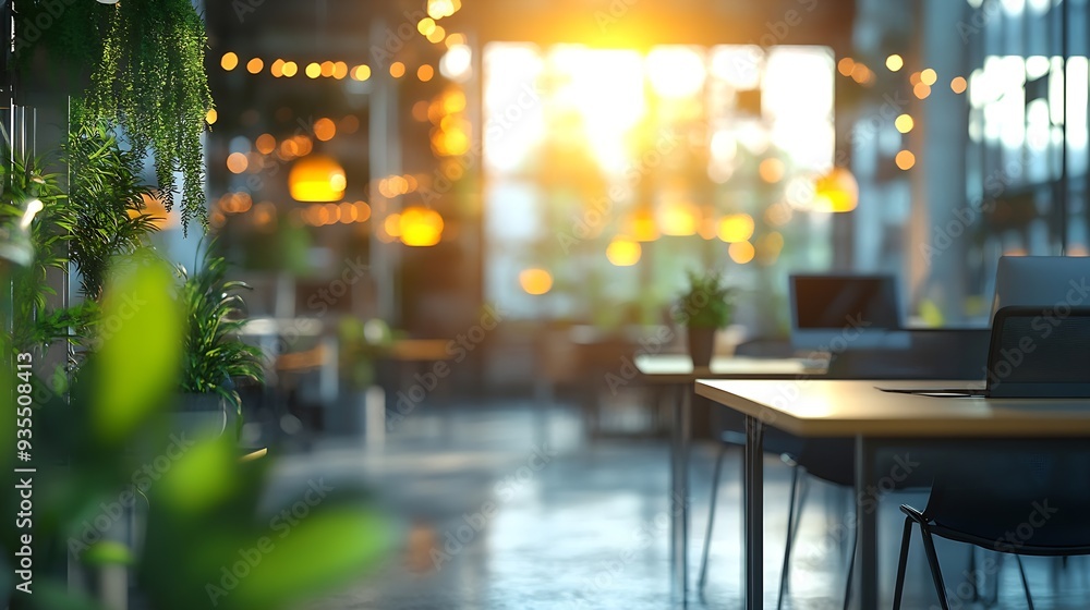 Fototapete modern open space business office interior without people with blurred bokeh light background tables