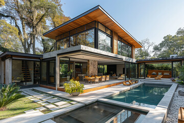 A contemporary prefabricated home with a welcoming interior, large windows, and wooden deck, set against a backdrop of lush greenery at dusk.