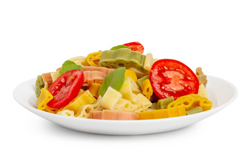  Pasta, macaroni with tomatoes in a plate on an empty background.