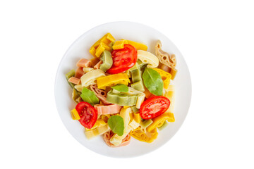  Pasta, macaroni with tomatoes in a plate on an empty background.