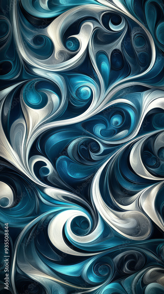 Wall mural a modern art abstract design swirling water patterns in teal, navy blue, and silver, with metallic s