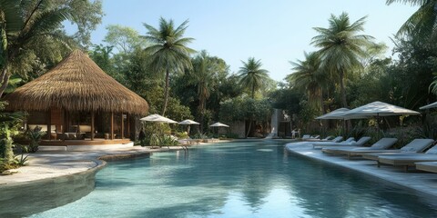 Tropical resort with pool, palm trees, and lounge chairs.