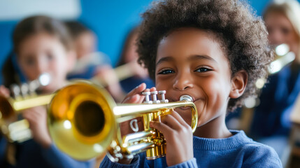Young students practicing music instruments in a band class, showcasing the value of music education