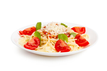 Pasta, spaghetti with tomatoes and tomato paste and cheese in a plate on a blank background.