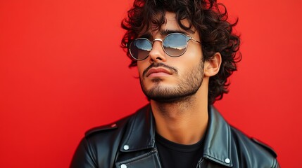 Fototapeta premium Portrait of fashion man with curly hair on red background with stylish glasses multinational colored light black leather jacket trend modern concept sexy body : Generative AI