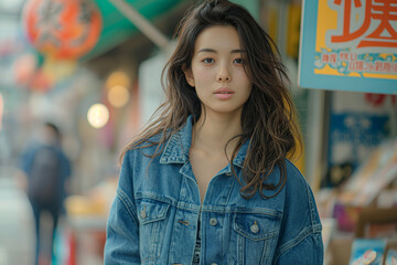 Fototapeta premium An evocative portrait of a serene young woman with her hair gently tousled by the wind on a sunny day.