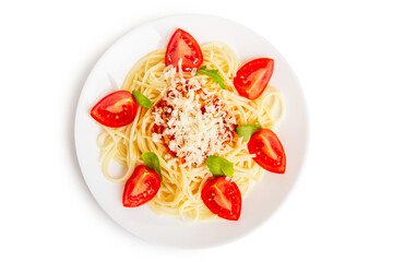 Pasta, spaghetti with tomatoes and tomato paste and cheese in a plate on a blank background.