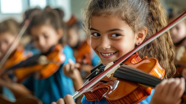 Full of joy. Cheerful content little girl holding fiddle bow and violin while learning to play