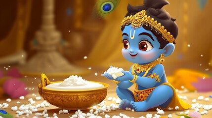 Krishna Janmashtami, Little Krishna with a pot filled with white butter	