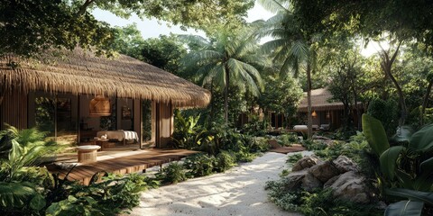 Tropical hut resort with sandy path.